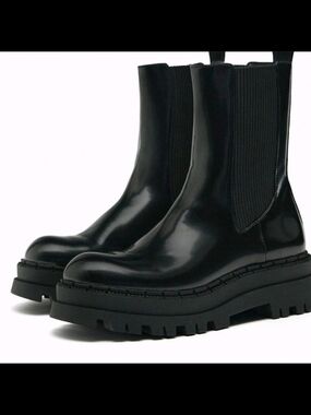Zara Black Platform Chelsea Boots - Sleek Women's Ankle Boots Size38- 7.5